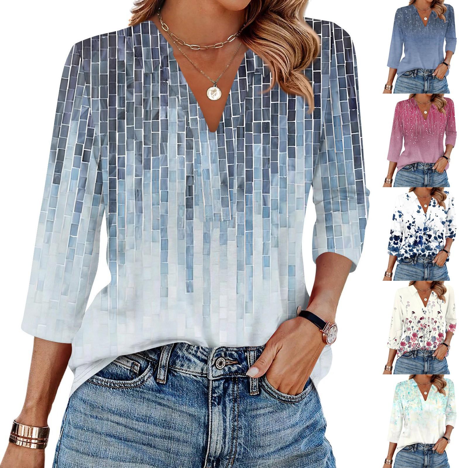 

Women s Fashion Casual Lapel 3/4 Sleeve Print Shirt Women s V-Neck Tops M синій
