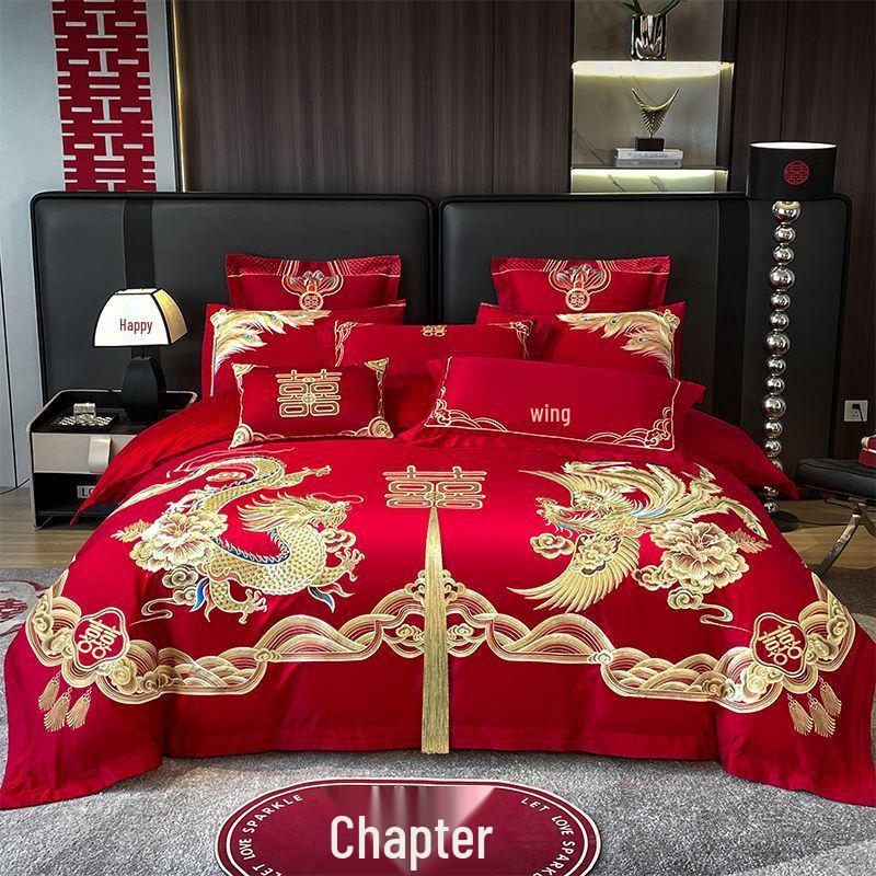 G5Z Κινεζικού Στυλ Κεντητό Κόκκινο Σετ Κλινοσκεπασμάτων Γάμου - Εορταστικό Τετραπλό Σετ με Παπλωματοκάλυμμα για Νιόπαντρα
