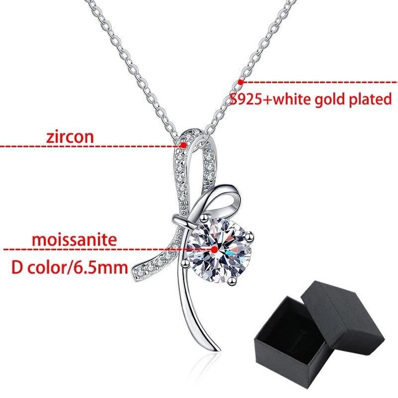 D color Plated White Gold 1ct Moissanite Pendant for Women D Color Bow-knot Sparkling 100% S925 Sterling Silver Jewelry