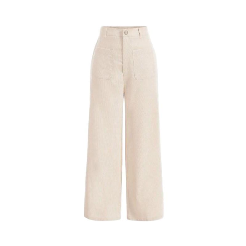 Women Corduroy High Waist Wide Leg Pants Solid Color Front Pocket Casual Loose Fit Trousers