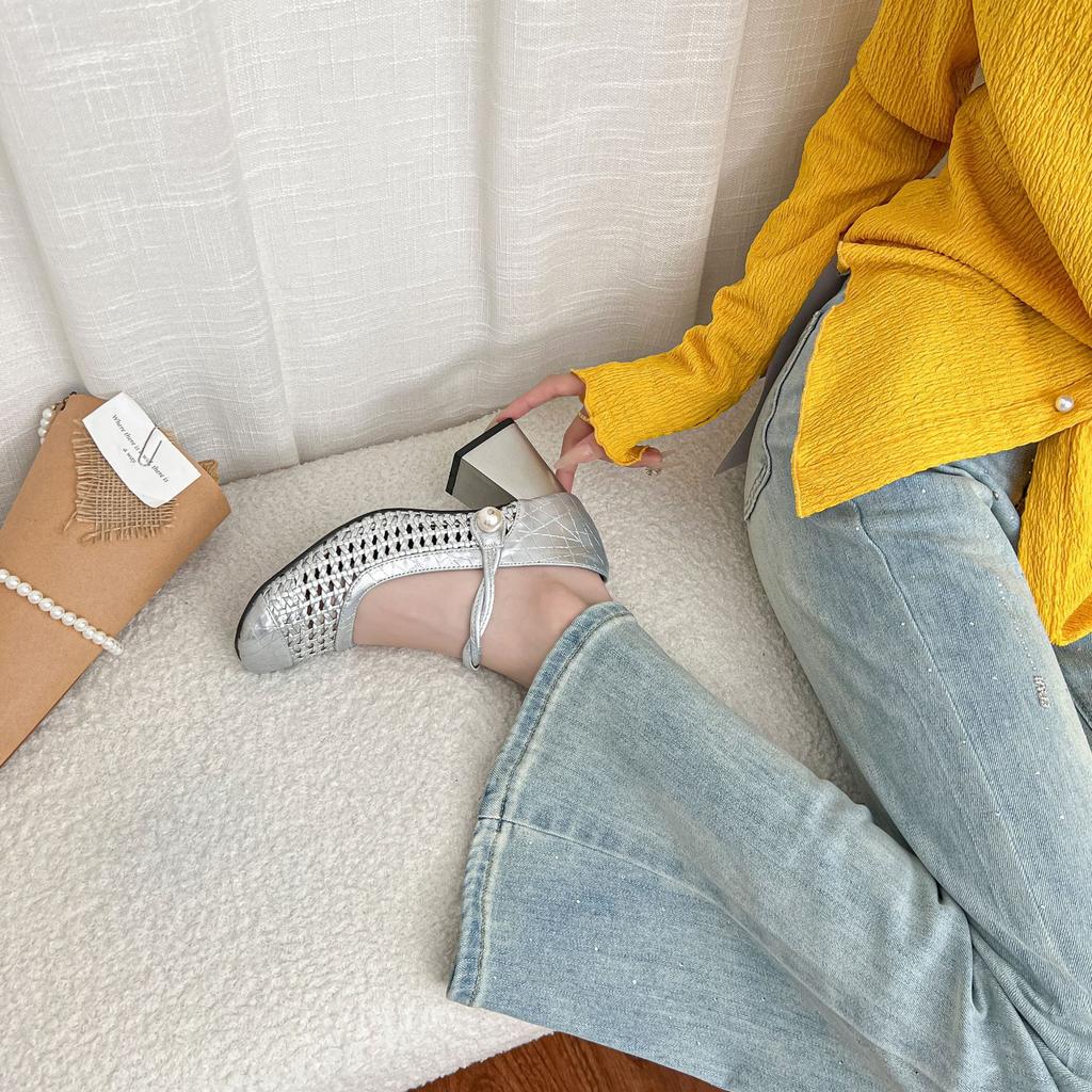 2025 summer new Mary Jane woven single shoes women wear high-end temperament single shoes women thick heels are not tired