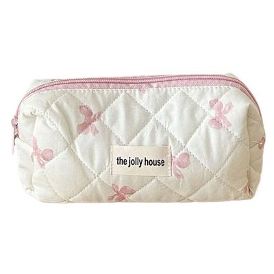 Pochette de Maquillage de Voyage Mignonne avec Nœud et Fermeture Éclair Organisateur de Maquillage Sac de Rangement Coton Matelassé Sac pour Soin de la Peau pour Femmes et Filles