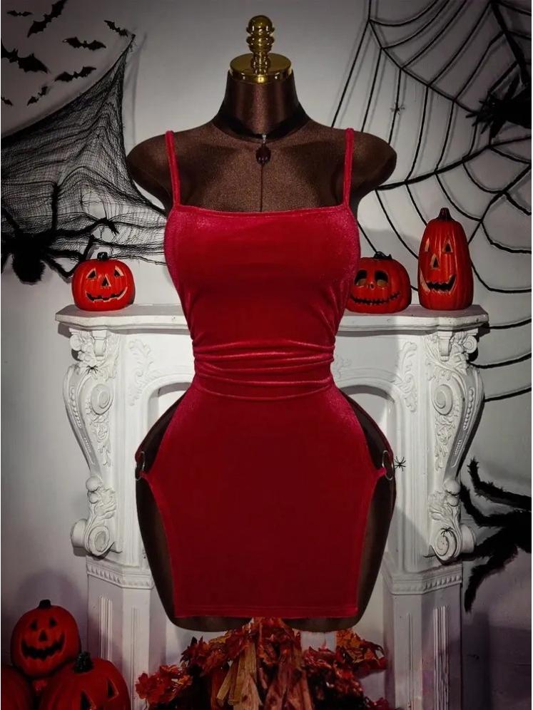 2026 Gold Velvet Spaghetti Strap Dress: European Style with Steel Ring Detail XL красный