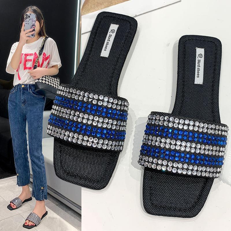 Slippers Women's Summer New Bright Rhinestone Flat Bottom Cool Slippers Women Wear Fashionable Soft Bottom One-word Drag Fairy Sandals
