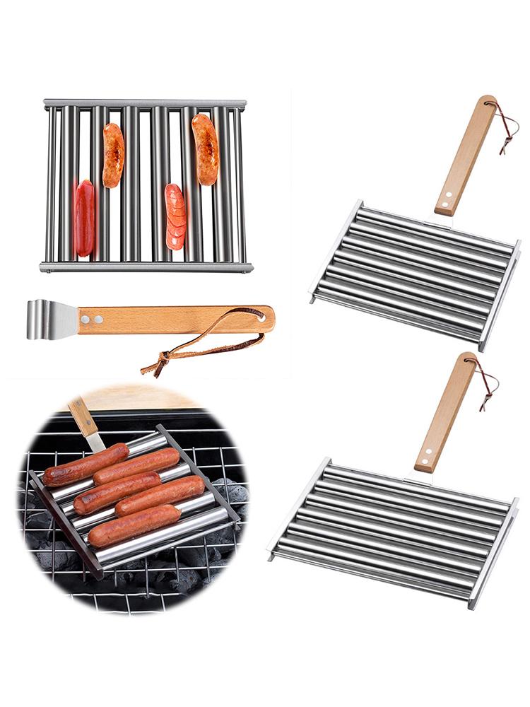 Hot Dog Roller Hot Dog Grill Roller Stainless Steel BBQ Hotdog Roller with Wooden Handle 5 Hot Dog Capacity Grill Accessories