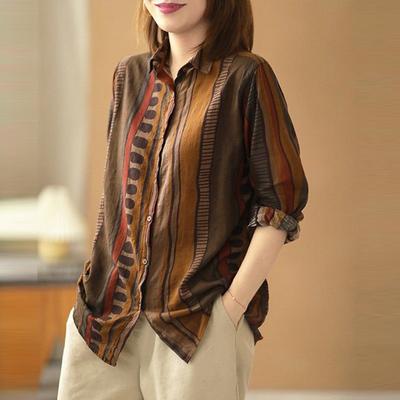 Women Long Sleeve Casual Shirts  Autumn Arts Style Vintage Striped Loose Cotton Linen Ladies Elegant Tops