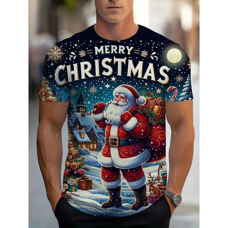 Christmas Men's Shirt, Snow Train Scene Printed T-shirt, Soft and Durable Fabric, Fashionable and Casual Christmas Clothing