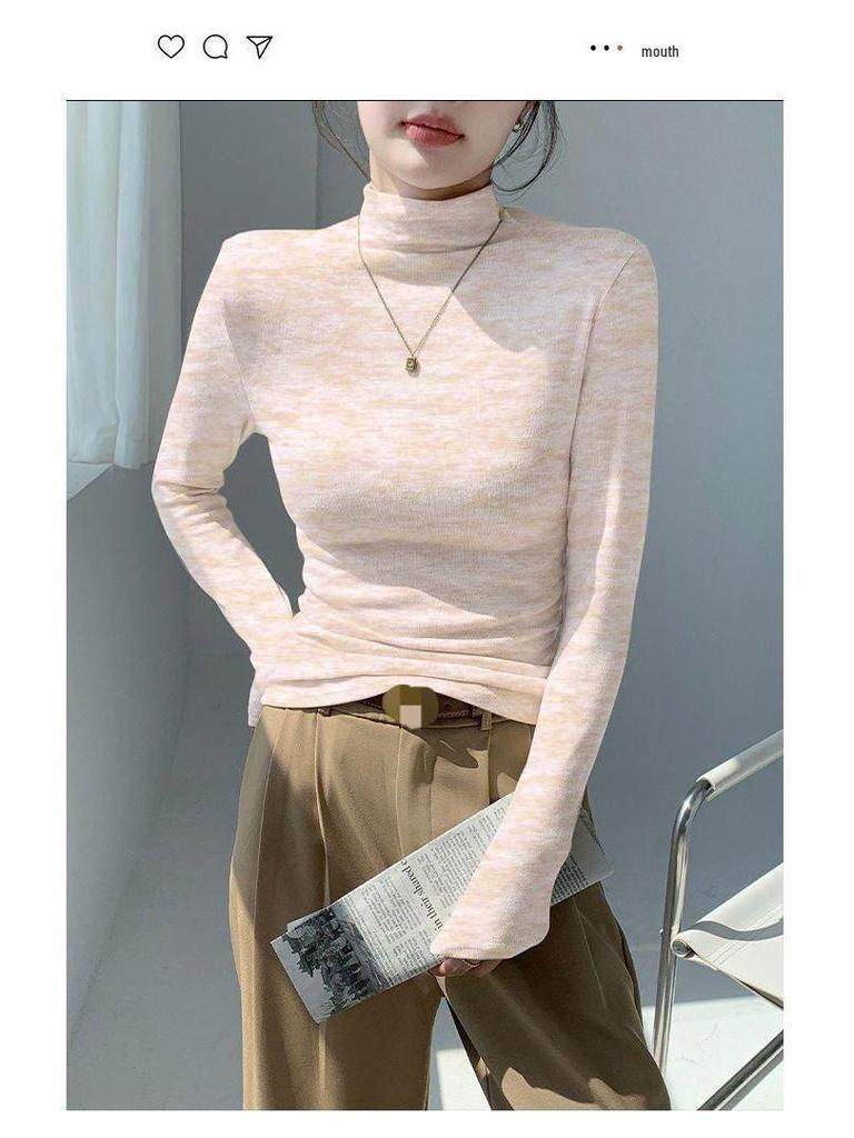 Women's Soft & Fluffy Cashmere Long-Sleeve Base Shirt with Half-High Collar for Spring, Autumn & Winter - Warm Fleece Inner Wear.