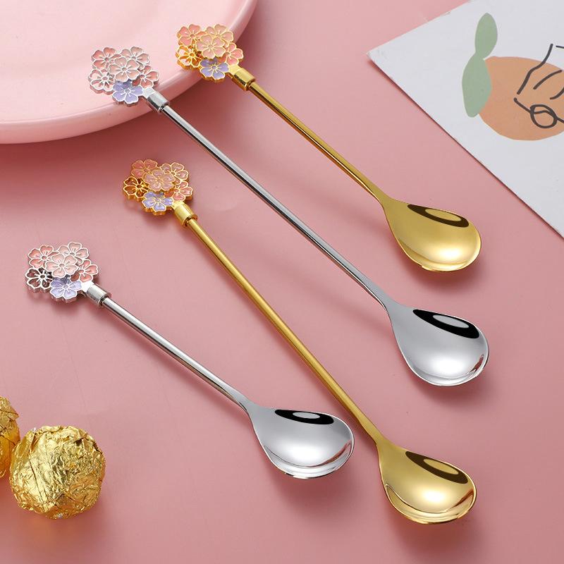 Stainless Steel Japanese Cherry Blossom Spoon Exquisite Dessert Long Handled Ice Spoon Household Bird'S Nest Mixing Spoon