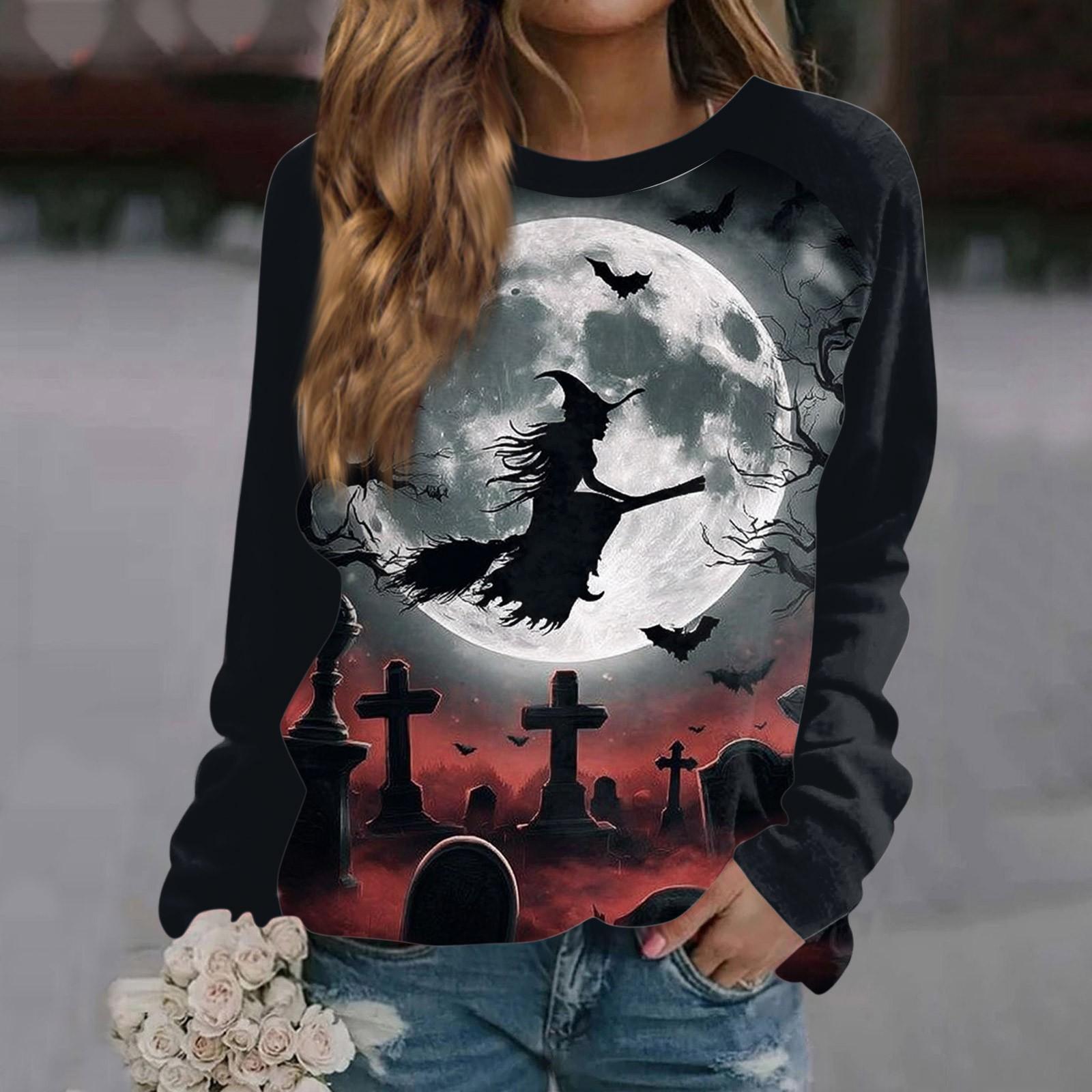 

Women s Fashion Casual Long Sleeve Halloween Printed Round Neck Sweater Top S Темно-синій