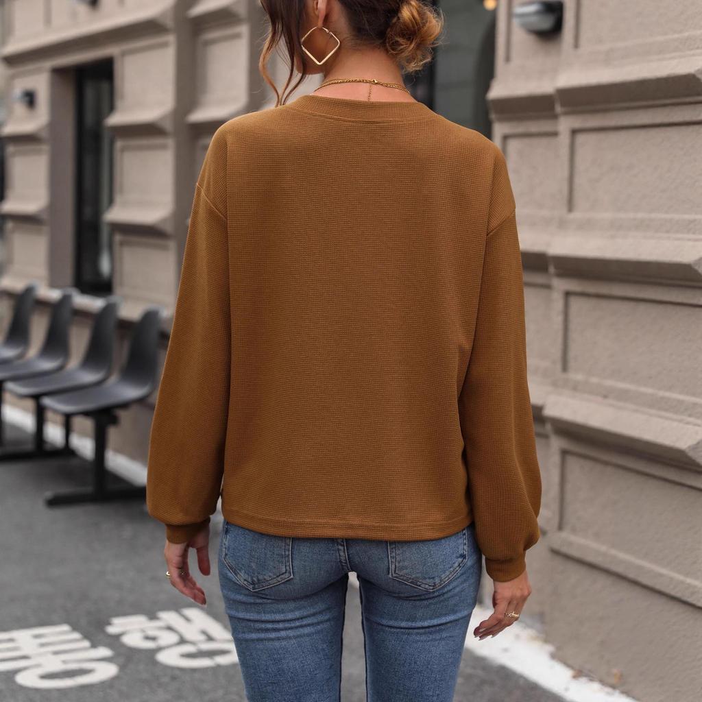 European & American Autumn 2025 Retro V-neck Waffle Long-sleeve Women's Pullover Top