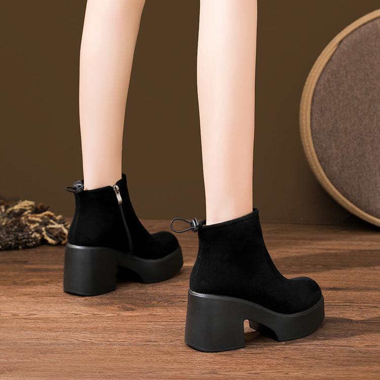 Leather Platform Martin Boots Women's 2025 New Autumn and Winter Velvet Small Thick Heel Short Boots Women's High Heel Cigarette Boots