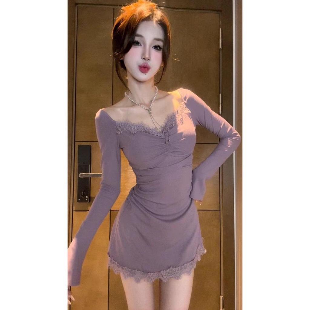 Elegant Lace Trim A-line Mini Dress with Long Sleeves - Sexy & Slimming for Autumn/Winter