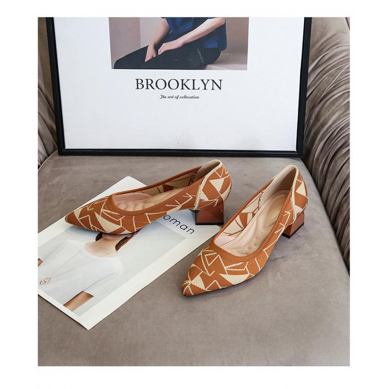 

Новые модные туфли-лодочки на толстом каблуке, вязаные, с острым носком, женская мода 40 хаки