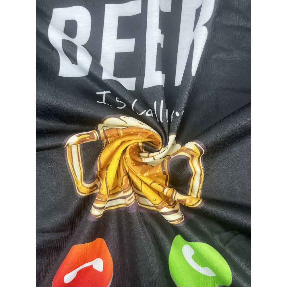 Rozmiary europejskie Idealna oddychająca męska zabawna koszulka z wzorem piwa - Okrągły dekolt, Krótki rękaw, Poliester Idealna na letnie imprezy i aktywności na świeżym powietrzu