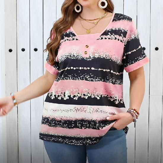 

Plus Size Women s Solid Color Printed Patchwork Short-Sleeve T-Shirt 3XL рожевий