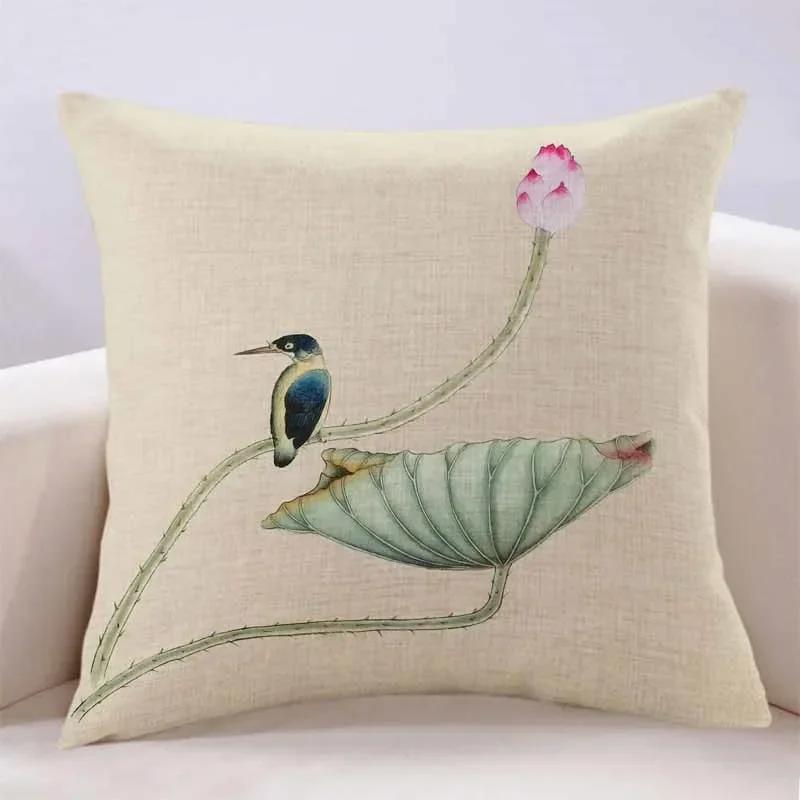 New Lotus Cushion Cover Printed Linen Pillow Cover Chinese Style Home Pillow Cushion Cover Sofa Living Room Beige
