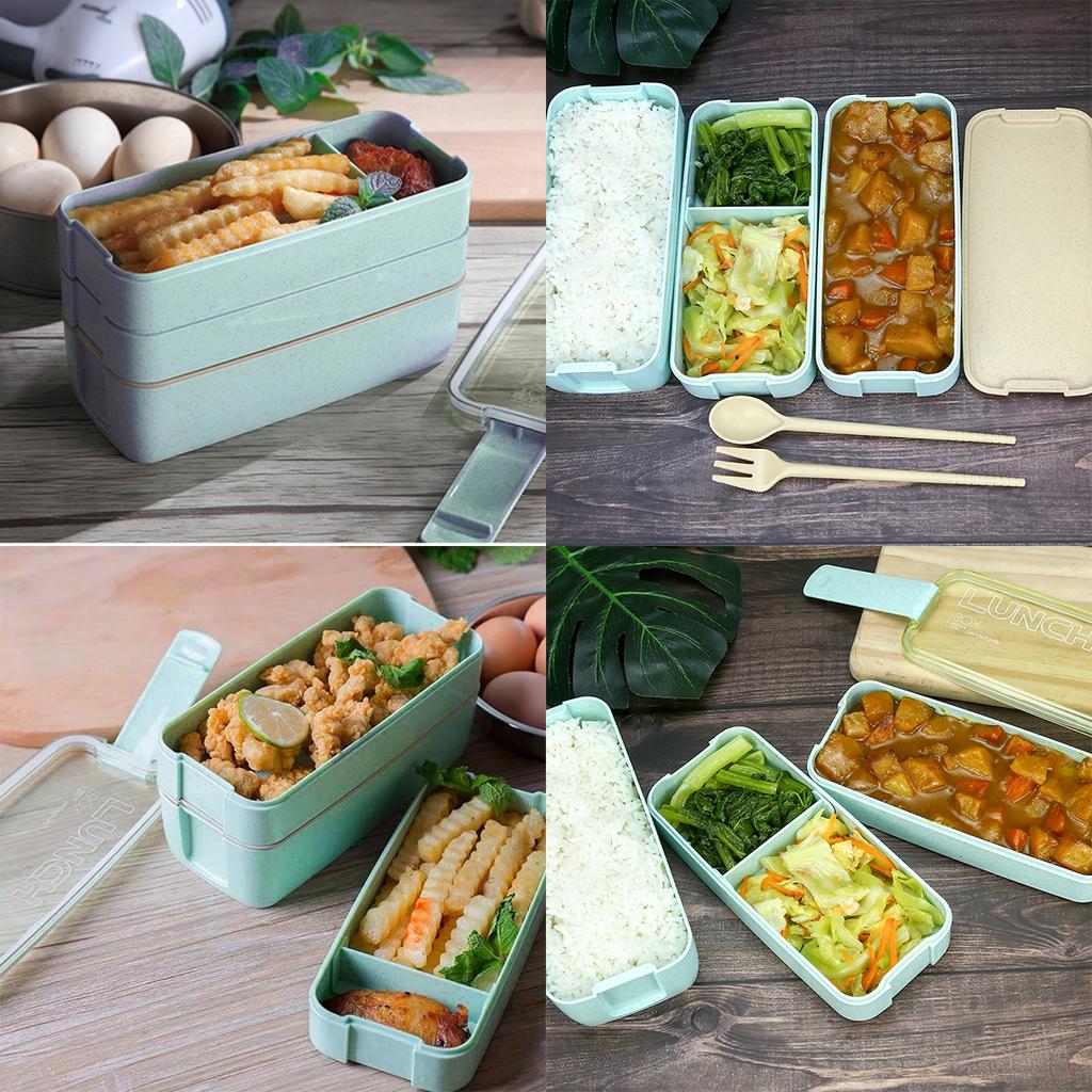 3 Layer Bento Lunch Box Wheat Straw Food Storage Box Adults Kid High Capacity Food Containers Portable Leakproof Office Camping