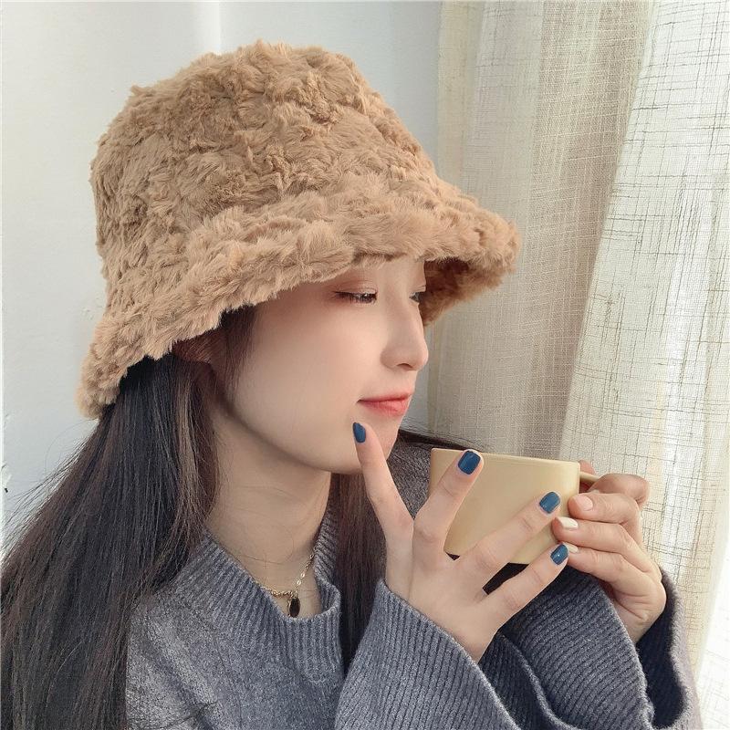 Japanese Plush Fisherman Hat for Women In Autumn and Winter Warm Large Brim Versatile Sweet Temperament Lady Color Fashionable Washbasin Hat