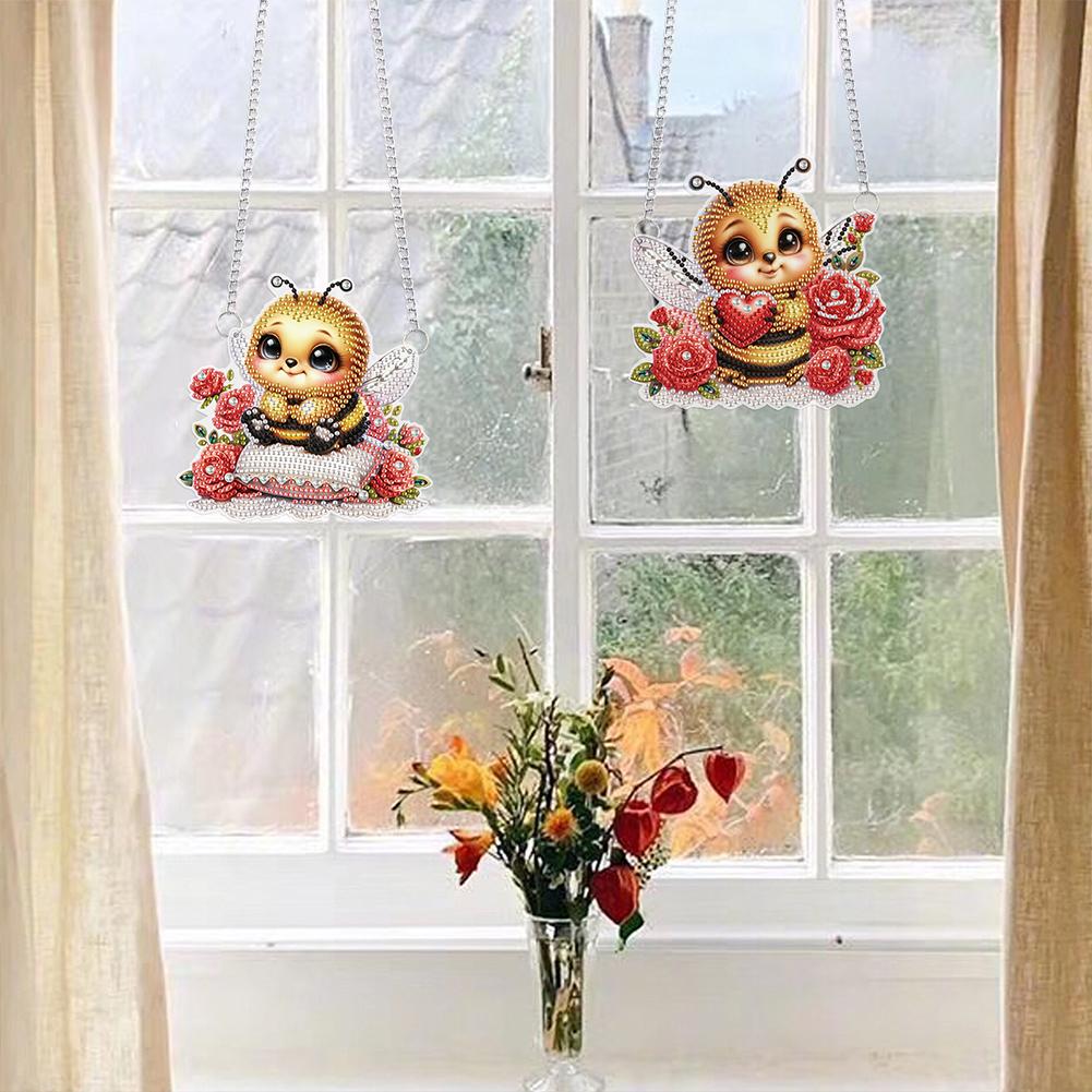 2pcs Bee Theme 2D Flat DIY Diamond Painting Set Hanging Diamond Art Kits Diamond Art Pendant Window Hanging Art for Home Decor
