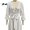 Daily Wear Lace Dress Women V-Neck for Fall, 3/4 Sleeves Maxi with Solid Color Belt, Loose Casual Long Vacation Three Quarter Sleeve
