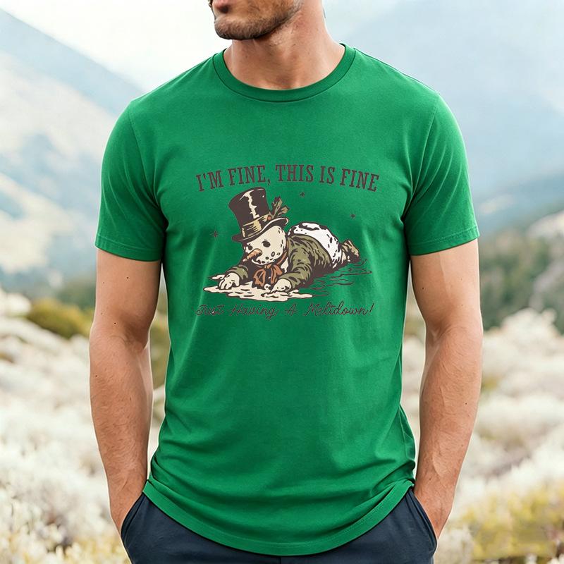 Fun Melting Snowman English Printed Men's T-Shirt Cross-Border Christmas Funny Crew Neck Short Sleeve Comfortable Casual T-Shirt