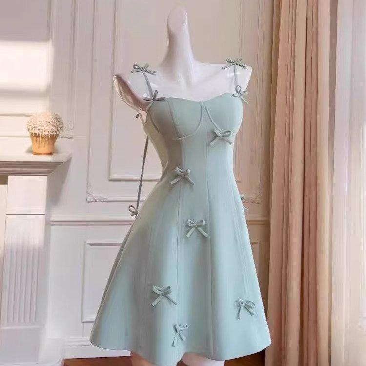2026 Summer French Niche Bow Spaghetti Strap Vibrant Petite Socialite Vacation Dress S (80-95 jin)