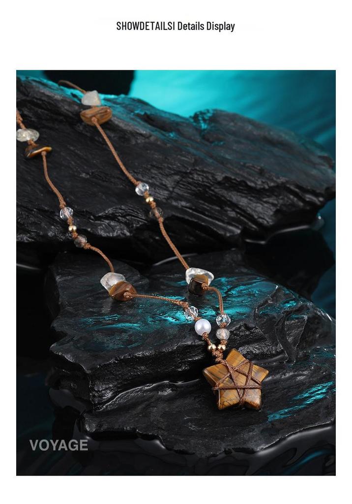 Women's Ethnic Five-Pointed Star Necklace with Tiger Eye Beads On Adjustable Cord