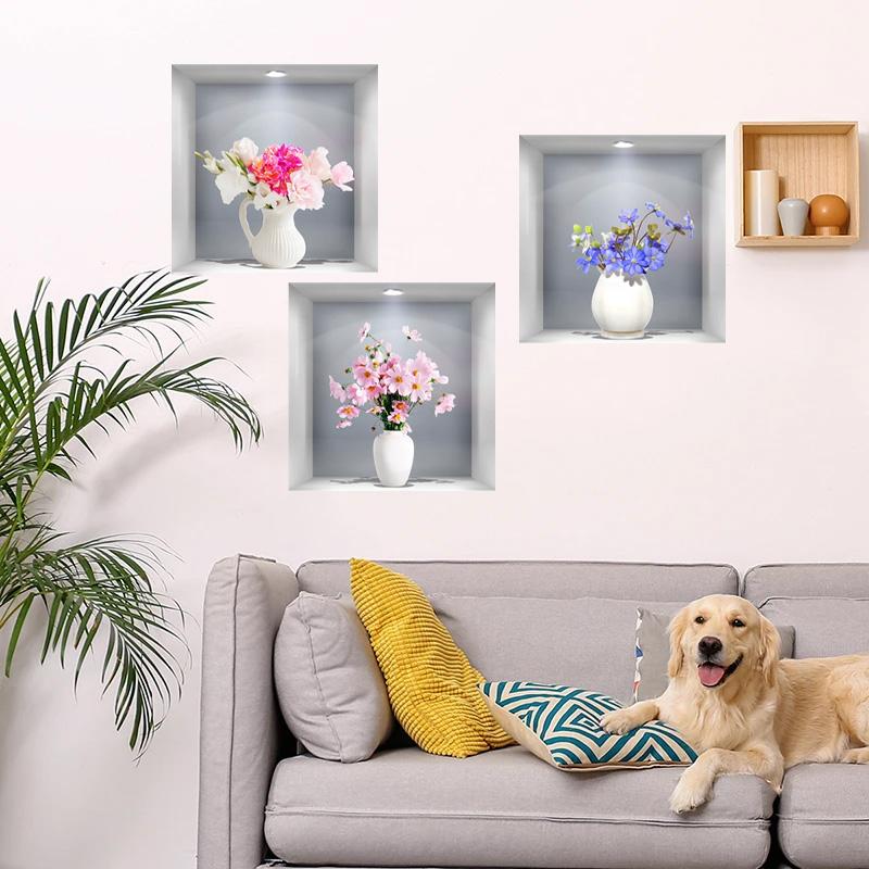 3pcs/set Wall Sticker Self-adhesive 3D Simulation Watercolor Home Decor Removble Wall Decals Potted Plant Stickers Flower Pots