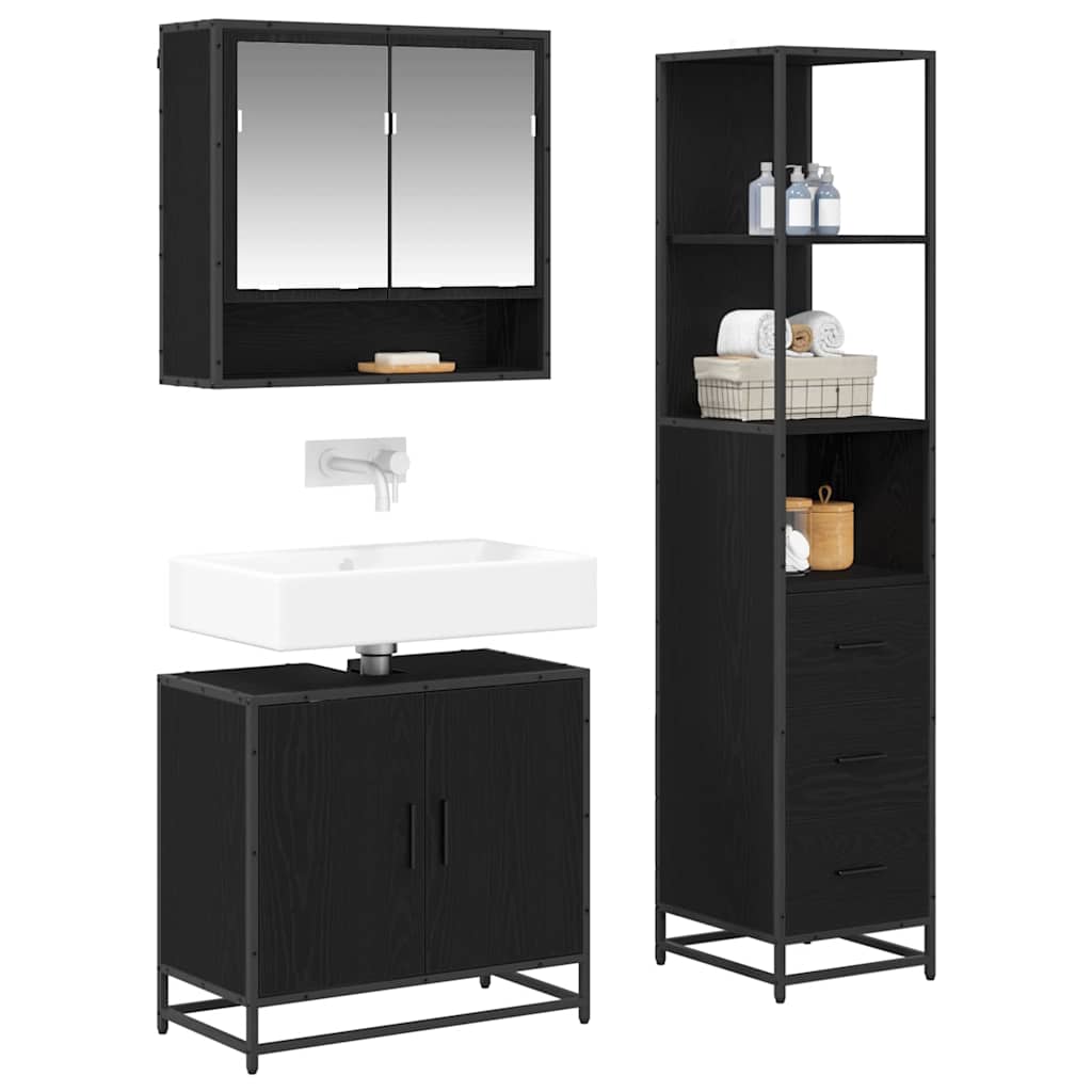 Bathroom Furniture Set 3 Pcs Black Oak Effect Wood Based Material