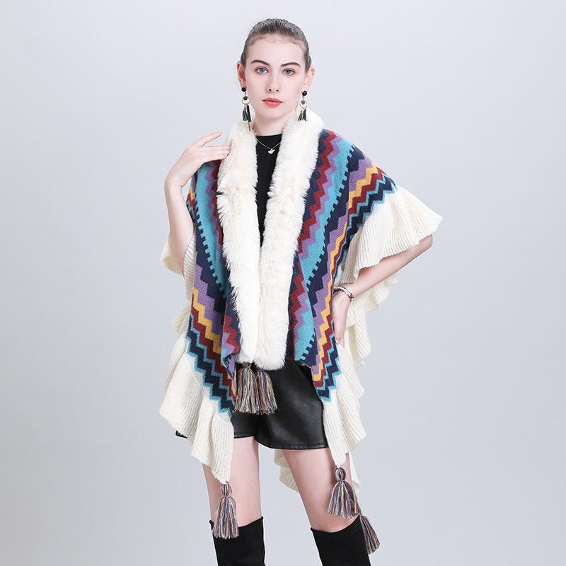 Imitation Cashmere Elegant Women Scarf Winter Ladies Fur Collar Striped Poncho Warm Female Capa Para Mujer Pashmina Wrap Shawl