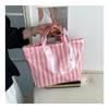 This Water-Resistant Pvc Tote Bag Features A Pink And Blue Striped Design, A Large Capacity, And Is Suitable For Beach Shopping,
