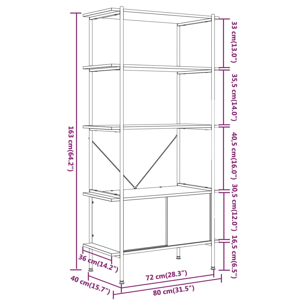5 Shelf Bookcase with Cabinet 80 x 40 x 163 cm Steel and Engineered Wood