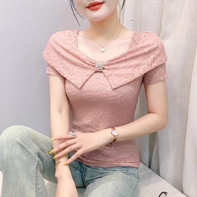 Sommer Europäische Kleidung Damen Quadratischer Ausschnitt Spitze T-Shirt Schickes Slim Design T-Shirts Neu Weiblich Elegant Kurzarm Tops