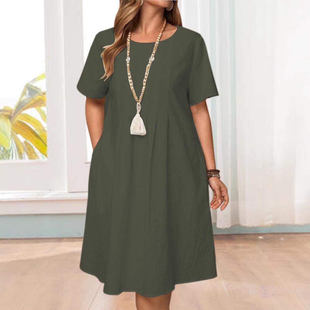 GMXIA Frühling Sommer Vintage Locker Taschen Einfarbig O-Ausschnitt Damen Baumwolle Leinen Kleider