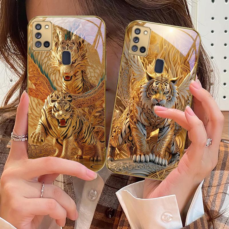 Fantasy Golden Beast For Samsung A 31 32 A33 A34 35 14 A15 13 16 25 26 50 52 53 54 55 56 70 71 72 73 Golden Glass Phone Case