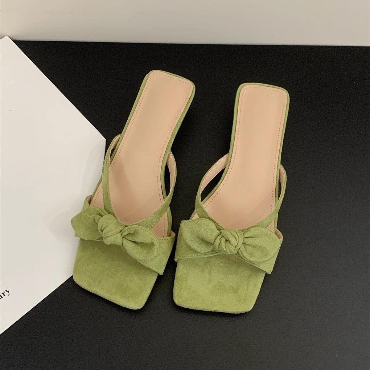 

Нежный бант с крутыми шлепанцами женская верхняя одежда юбка с открытым носком квадратный носок толстый каблук сандалии 40 зелёный