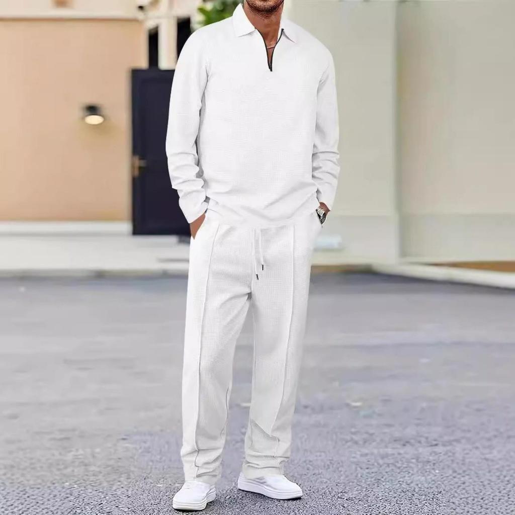 Set Sportivo Casual da Uomo Monocolore, Camicia a Maniche Lunghe a Righe, Top con Scollo Quadrato e Mezza Zip, Set Pantaloni con Coulisse