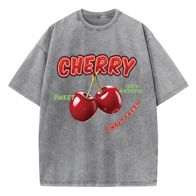 Street Woman Washed T-Shirts Sweet Cherry Aways Fresh Print Short Sleeve Comfortable Cotton Oversize Tops Female Clothes