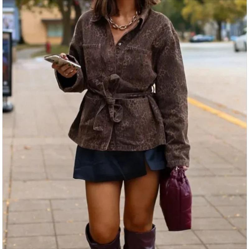 Women Fashion Leopard Print Jacket Autumn Winter New In Coats with Belt Long Sleeve Lapel Jackets Lady High Street Outwears