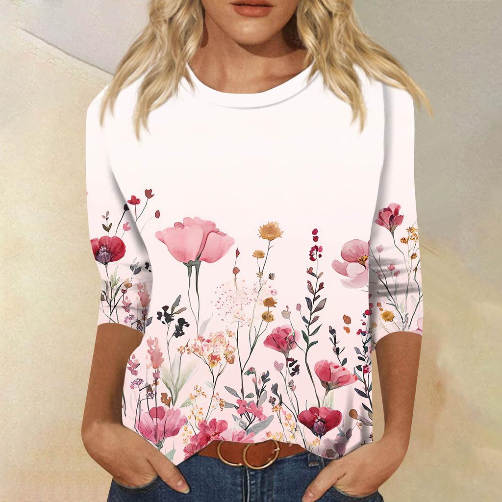 Women's Fashion Casual Seven Sleeve Printed Round Neck T-Shirt Top