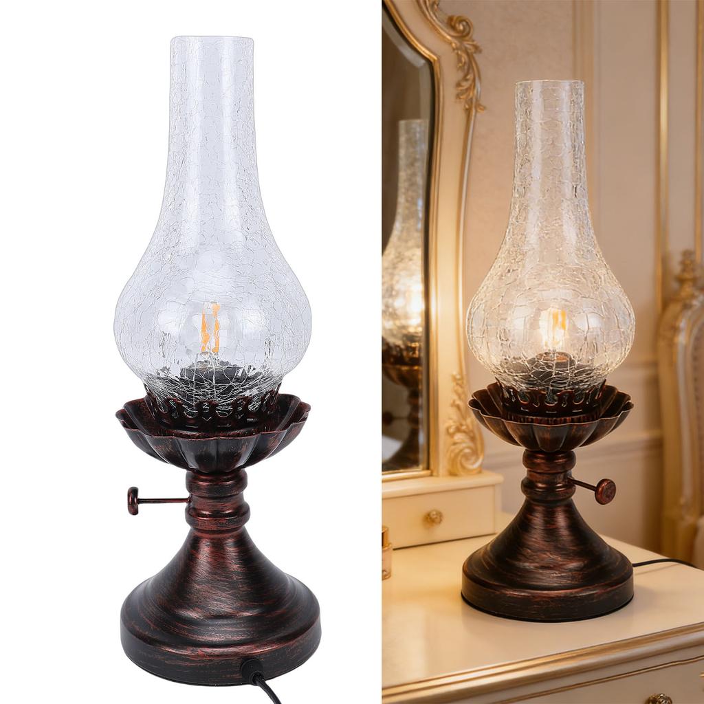 Vintage Table Lamp with Crackled Glass Shade 40W E27 Rustic Small Antique Desk Lamp Bedside Decor for Farmhouse Bedroom