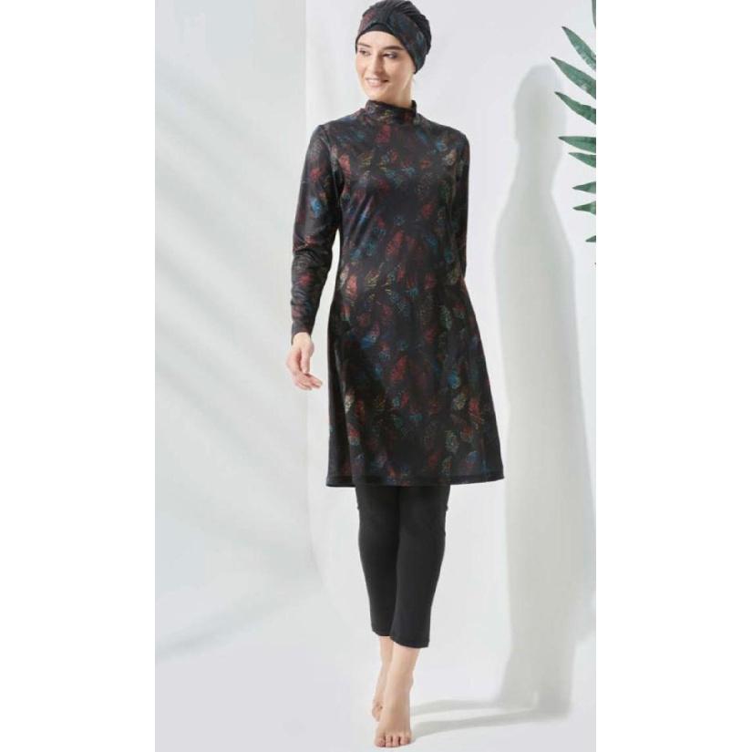 Todelt muslimsk dame beskjeden badedrakt med bladtrykk for sjøen, sett med badedrakt med full dekning, strandtøy, burkini badedraktsett, flerfarget valg (ikke hodeskjerf