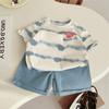 Children's Summer Short Sleeved Set with Korean Striped Printed T-shirt and Soft Denim Shorts Summer Two-piece Set