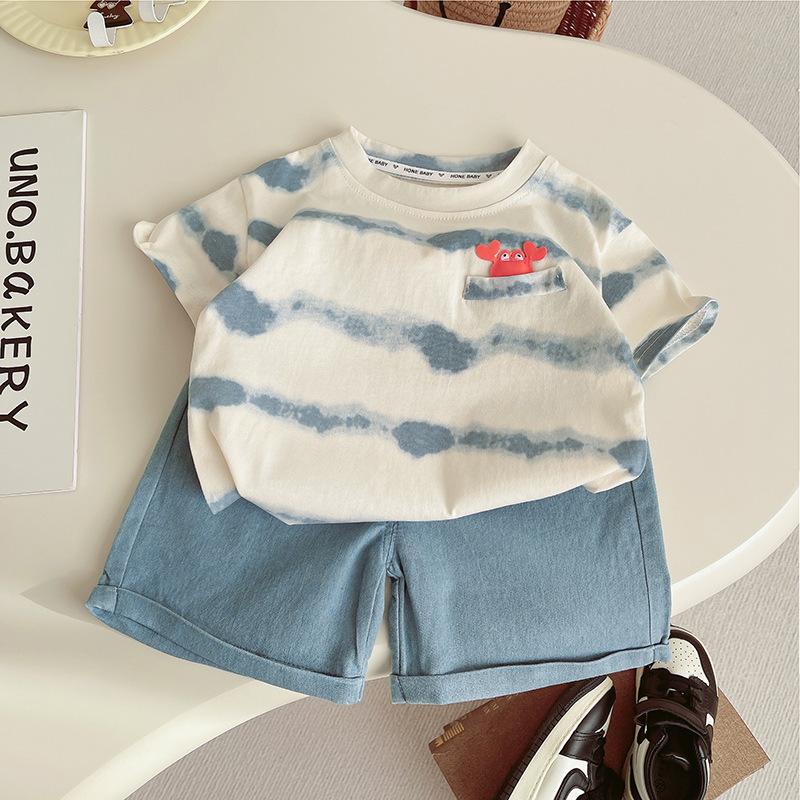 Children's Summer Short Sleeved Set with Korean Striped Printed T-shirt and Soft Denim Shorts Summer Two-piece Set