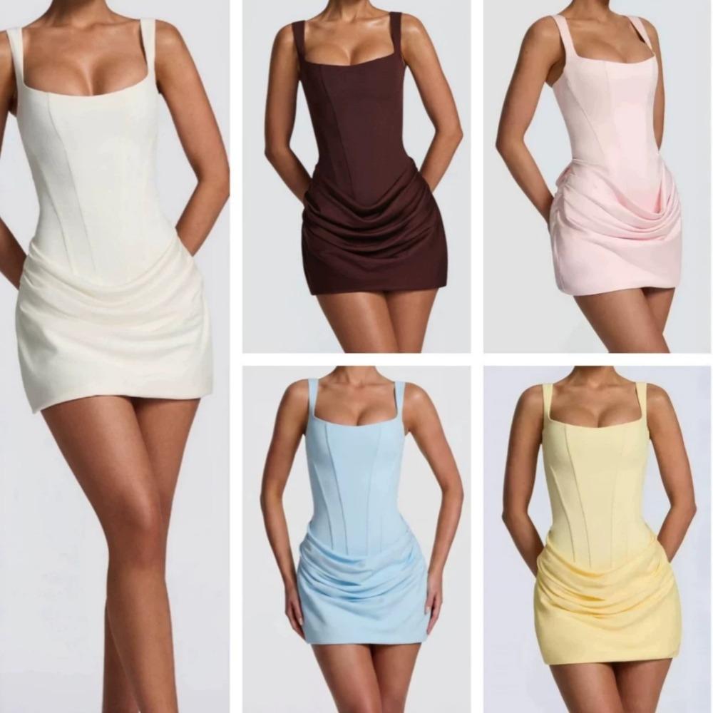 Women's Square Neck Sleeveless Mini Dress Slim Fit Side Ruched Solid Polyester Spaghetti Strap Club Bodycon Dress