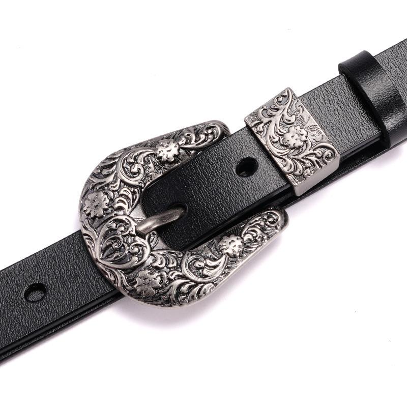 Women's Retro Carved Black Genuine Leather Belt with Pin Buckle