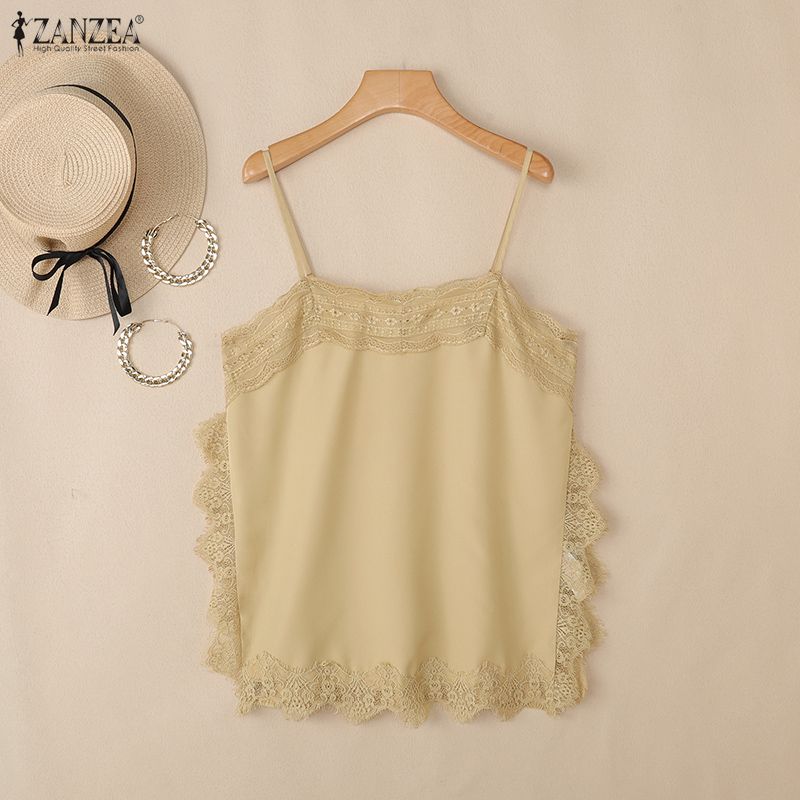 ZANZEA Women Elegant Lace Splice Vest Tops Summer Loose Casual Sleeveless Camisoles