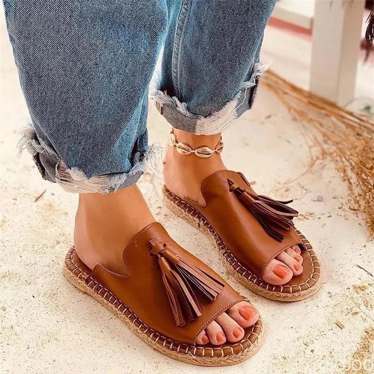 Women's Flat Sandals 2025 Resorts Handmade Tassels Wholesale Summer Shoes for Women Retro Design Female Slides Mules Size 41-43