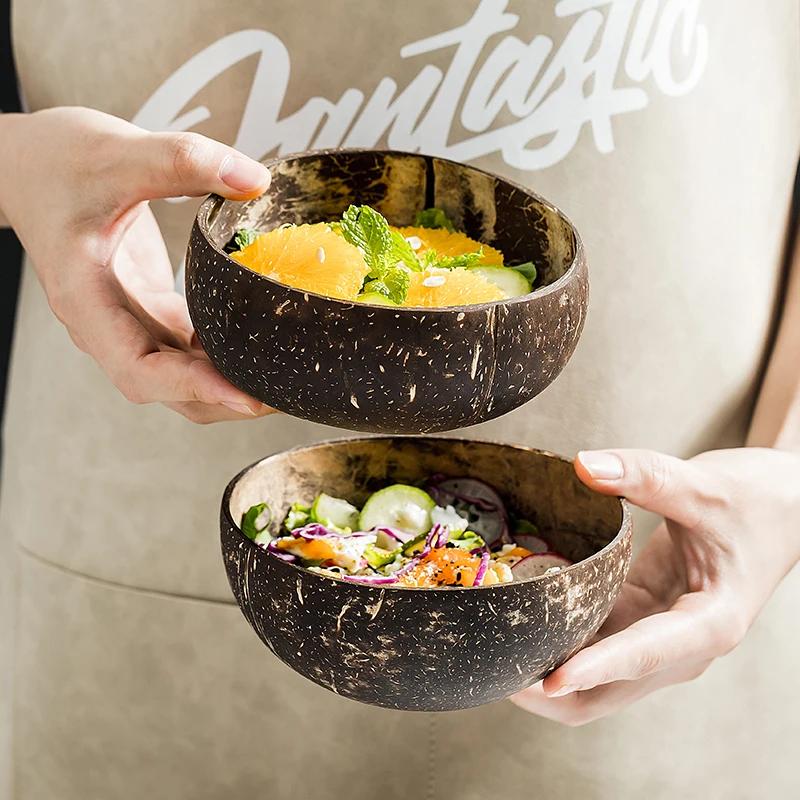 12-15cm Natural Coconut Bowl Set Wooden Salad Ramen Bowl Coconut Wood Spoon Set Coco Smoothie Kitchen Tableware Coconut Bowl